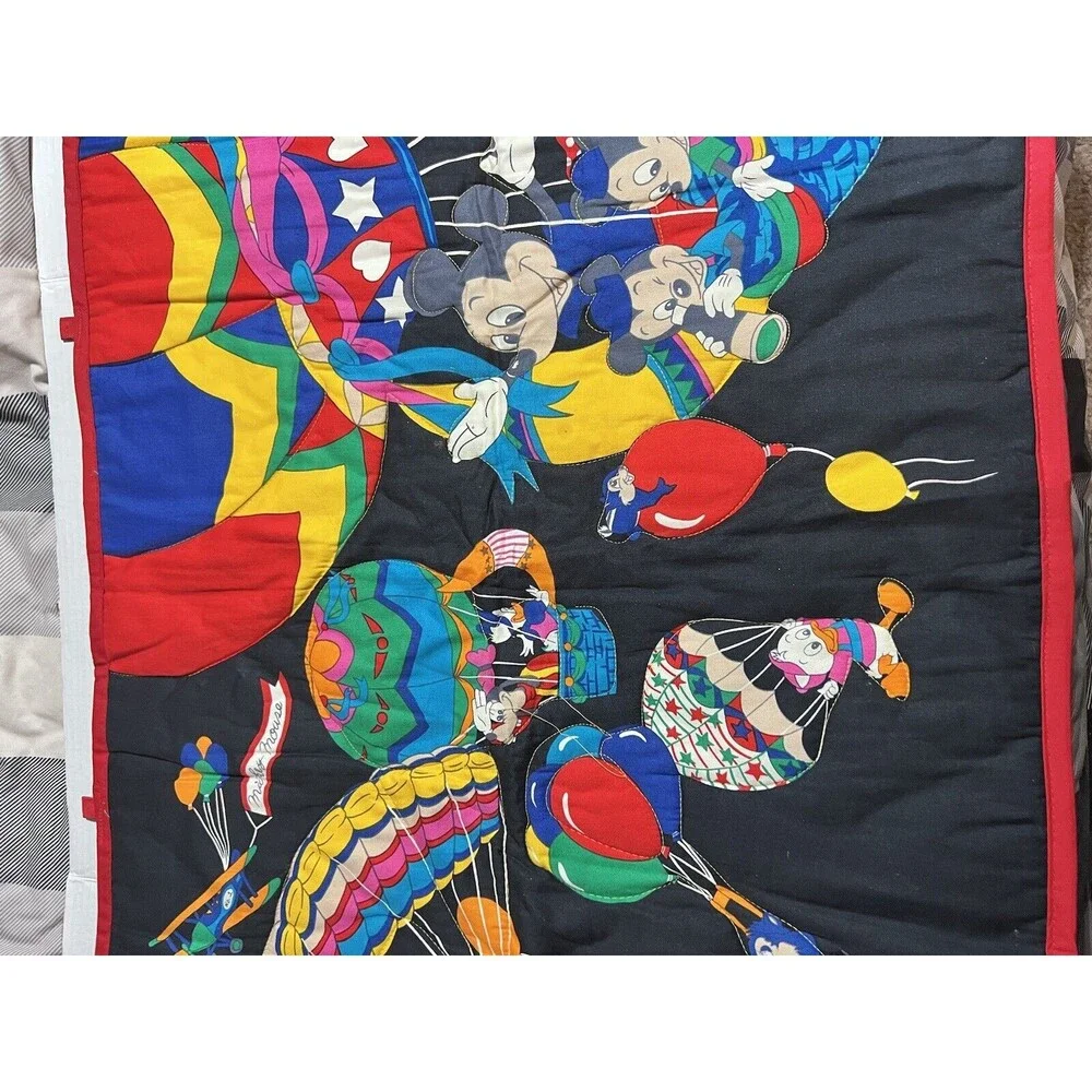 VTG Handmade Mickey Mouse Friends Blue Quilt Wall Hanging Loops Hot Air Balloon